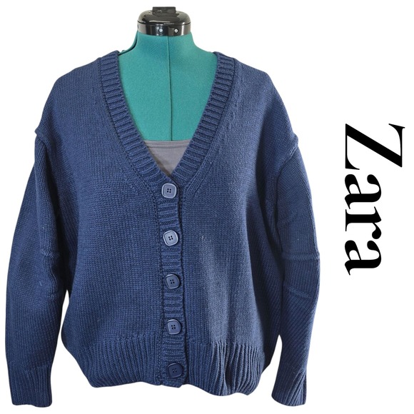 Zara Women Navy Blue V Neck Button Front‎ Knit Cardigan Sweater Size M
